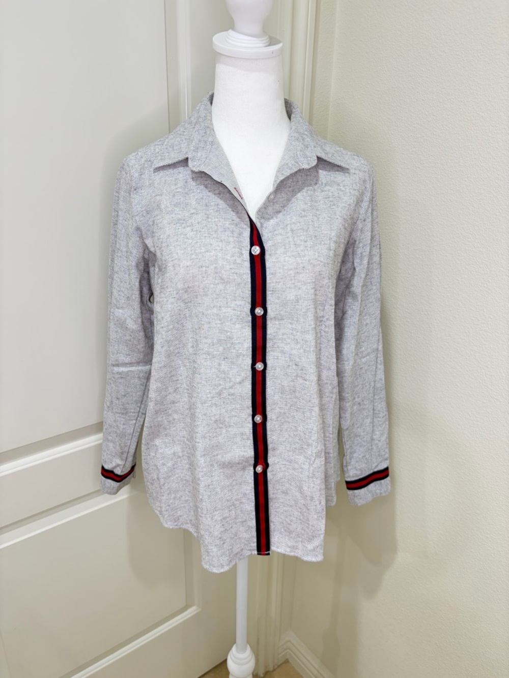 Light Gray Button Front Top with Red & Navy Trim KOREAN STYLE